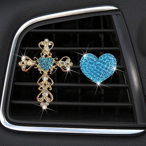2 Pack Car Vent Clip Bling Car Accessories,Crystal Cross and Heart Car Vent Clip Air Freshener,Car Diffuser Vent Clip Diamond Car Decoration Car Essentials for Women(Blue)