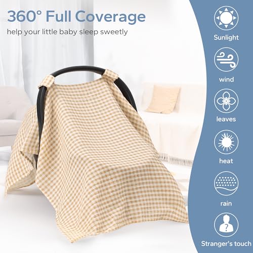 SERAPHY 100% Muslin Cotton Car Seat Covers for Babies, Universal Baby Car Seat Cover, Breathable Muslin Carseat Cover Canopies for Boys and Girls, Soft Infant Car Seat Cover for Summer — Beige - color: Beige