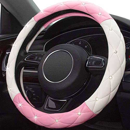 White Pink Steering Wheel Cover, Anti-Slip Steering Wheel Protector with Crystal Rhinestones Microfiber Leather, Steering Wheel Cover for Women and Girl Fit 14.5-15 inch - color: White+Pink