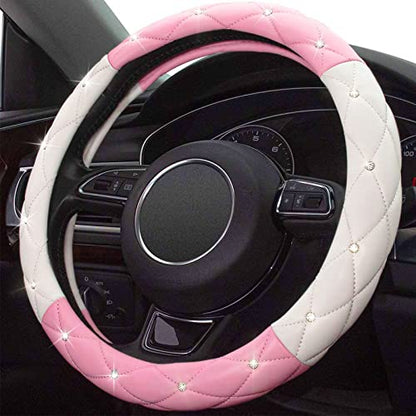 White Pink Steering Wheel Cover, Anti-Slip Steering Wheel Protector with Crystal Rhinestones Microfiber Leather, Steering Wheel Cover for Women and Girl Fit 14.5-15 inch - color: White+Pink