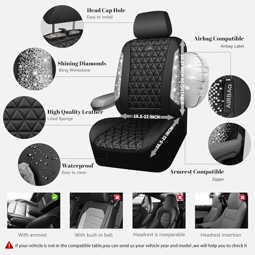 CAR PASS Bling Diamond Leather Car Seat Covers Full Seats Interior Sets, Waterproof Shining Glitter Sparkly Crystal Universal Armrest Fit Automotive Truck SUV Cute Women Girl, Black Silver Rhinestone - color: Silver Rhinestone, size: Full Set