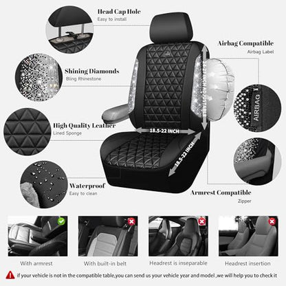 CAR PASS Bling Diamond Leather Car Seat Covers Full Seats Interior Sets, Waterproof Shining Glitter Sparkly Crystal Universal Armrest Fit Automotive Truck SUV Cute Women Girl, Black Silver Rhinestone - color: Silver Rhinestone, size: Full Set