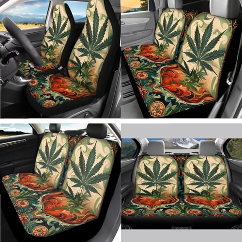 Marijuana Printed 15 Pcs Car Seat Cover Full Set, Protective Car Accessory Set Seat Covers with Steering Wheel Cover Car Headrest Cover Seat Belt Covers Car Coaster - color: Green and Brown-Marijuana
