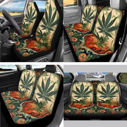 Marijuana Printed 15 Pcs Car Seat Cover Full Set, Protective Car Accessory Set Seat Covers with Steering Wheel Cover Car Headrest Cover Seat Belt Covers Car Coaster - color: Green and Brown-Marijuana