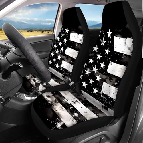 FUSURIRE Black USA Flag Print Car Seat Cover Full Set Car Seat Covers, Front Bench Seat Protector Full Set of 4 for Women Men Universal Fit for Most Vehicle，Independence Day - color: Black USA Flag Print