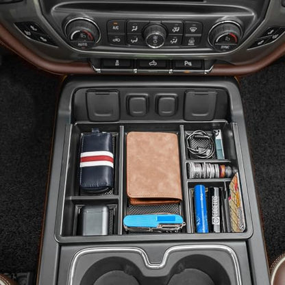EDBETOS 2PCS Center Console Organizer Compatible with 2014-2018 Chevy Silverado/GMC Sierra 1500 Accessories 2015-2019 Silverado/Sierra 2500HD/3500HD Armrest Box Insert Tray, Full Console w/Bucket Seat