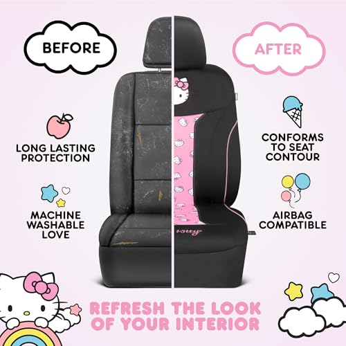 Hello Kitty Car Seat Covers - Cute and Durable Pink Front Seat Covers with 4PC Carpet Car Floor Mats - Universal Fit for Cars, SUVs & Trucks - Black with Red Bow & Hello Kitty Print - color: Covers & Carpet Mats-Red, style: Hello Kitty