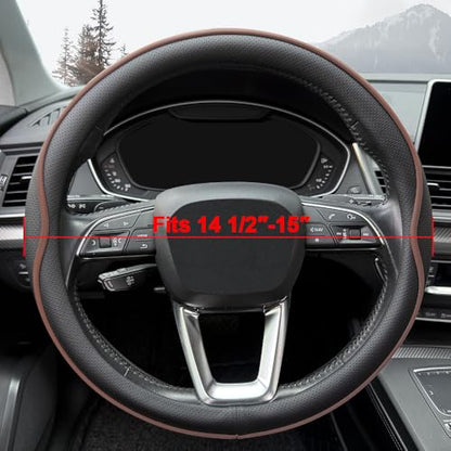 HAOTULE Leather Steering Wheel Cover， with Anti-Slip Stripe Design - Enhanced Grip, Fashion Style, Safe, Non-Slip, Breathable. Upgrade car Interior，Black Brown - color: Black Brown