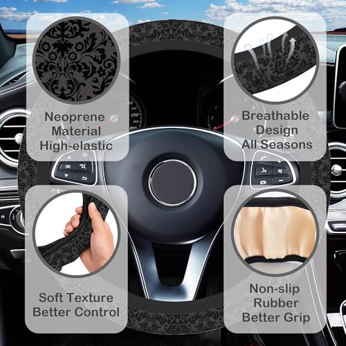 Black Damask Flower Steering Wheel Cover for Women, Anti-Slip Car Steering Wheel Cover with 2 Pcs Cup Holders Neoprene Breathable Car Accessories Universal 15 Inch Auto Interior Decor