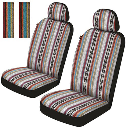 Baja Saddle Blanket Car Seat Covers Front Set with Seat Belt Pads, Washable Breathable Striped Woven Cloth Seat Covers for Cars, SUV, Truck, Airbag Compatible(Red)