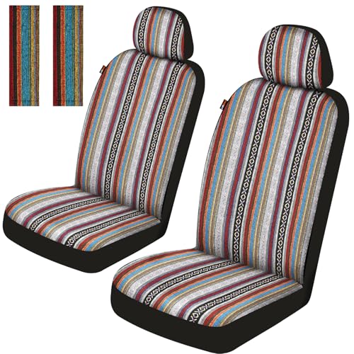 Baja Saddle Blanket Car Seat Covers Front Set with Seat Belt Pads, Washable Breathable Striped Woven Cloth Seat Covers for Cars, SUV, Truck, Airbag Compatible(Red)