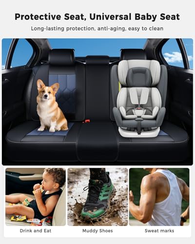 Huidasource Seat Covers Full Set, Universal Fit for Most Cars SUVs Trucks, Full Coverage Leather Seat Cover, Airbag, Cupholder Compatible, Seat Function Retain, Easy Install with Velcro, Black&Blue - color: FS: Black&Blue, size: Full Set