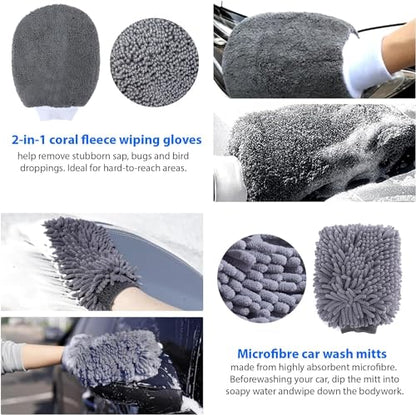 Car Washing Kit - Professional Car Wash Kit, Car Cleaning Kit with Bag & Car Detailing Set, Includes Car Wash Mitts, A Game-Changing Microfibre Drying Towel & Trio Of Brushes For A Deep Clean