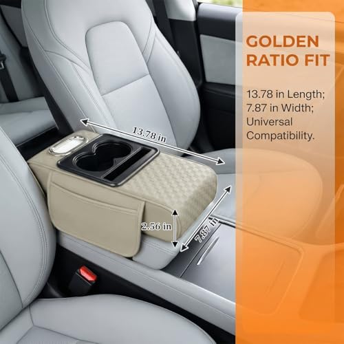 Car Center Console Armrest Pillow, 5-in-1 Armrest Box Cover with Cup Phone Holder & Storage Pocket Tissue Box, Multifunctional Auto Middle Console Arm Rest Protector, Universal Fit (Beige) - color: Beige