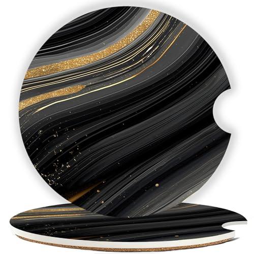 Car Cup Holder Coaster Set of 2, 2.56 in Ceramic Coasters, Scratch-Resistant Cork Backing, Finger Groove Design for Easy Placement, Cute Car Accessories Interior for Women (Black Marble) - color: Black Marble