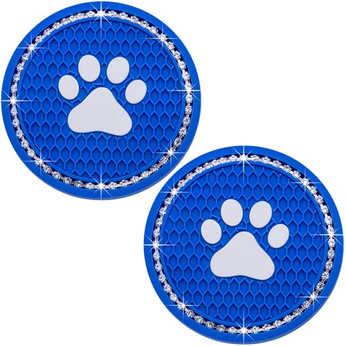 2PCS Bling Car Cup Holder Coaster, Universal Dog/Cat Paw Auto Non-Slip Crystal Rhinestone Cup Holder Coaster, 2.75In Universal Non-Slip Recessed Car Interior Accessories (Deep Blue & White) - color: Deep Blue & White, size: 2 pcs
