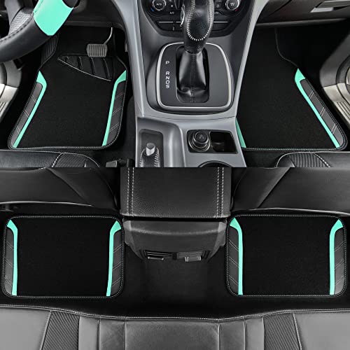 CAR PASS Leather Steering Wheel Cover and Waterproof Car Floor Mats,Microfiber Universal Car Combo Fit for 95% Sedan,SUV,Cars,14.5-15inch Sporty Anti-Slip Safety Comfortable Design(Black&Mint) - color: Black＆Mint