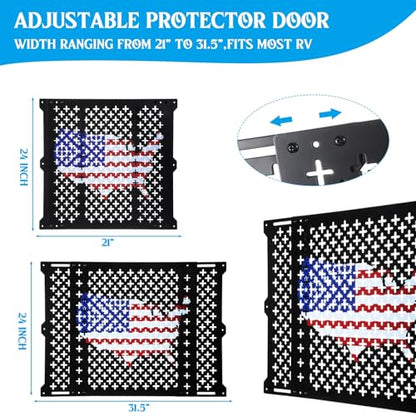 Gisafai 24 Inch High Adjustable RV Door Screen Protector Adjusts from 21''- 31.5'' Aluminum RV Entry Screen Door Grille Alloy Screen Door Grill Screen Defender for RV Door, Black - size: 24 Inch High, style: Flag