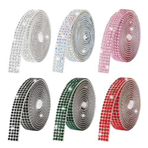 Rhinestone Ribbon Self Adhesive Crystal Rhinestones, 6-Rolls Bedazzling Strips, 6-Yard Rhinestone Strips for DIY Craft, Rhinestones Tape Self Adhesive - color: 6 Colors