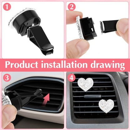 Tyqour 4Pcs Bling Heart Car Air Vent Clips Charms Air Conditioning Outlet Clip Crystal Rhinestone Universal Car Interior Decorative Accessories for Women Girls