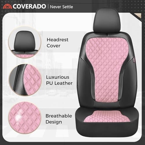 Coverado Car Seat Covers Full Set, Pink Car Seat Covers, Luxury Leather Car Seat Cover with Carbon Fiber Textured Design, Spill-Proof Seat Cushions, Automotive Seat Cover Universal Fit Most Cars - color: BlackPink, size: Full set