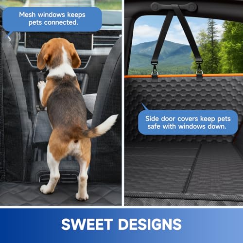 Dog Car Seat Cover for Back Seat Waterproof Oxford Fabric, Hard Bottom Back Seat Extender for Dogs Scratchproof, Dog Hammock for Car with Mesh Window, Fit Most Cars Small Trucks, Black Orange