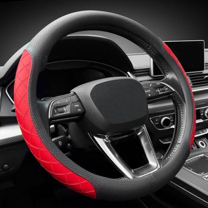 LKWLIKEI Nappa Leather Steering Wheel Cover, Elegant Diamond Checkered Design, Non-Slip wear-Resistant, Enhance Driving Comfort, Suitable for Steering Wheel Diameter 14 1/2‘-15’ Models .Black Red - color: Black Red