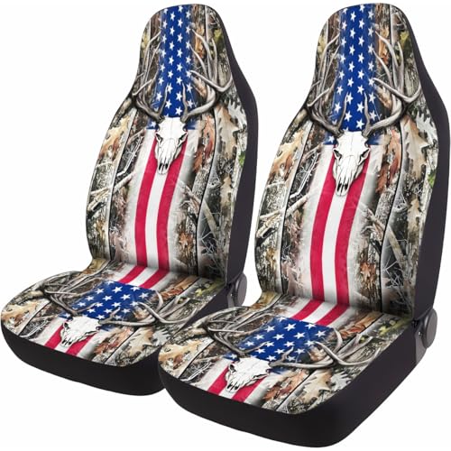 GENANY Hunting Car Seat Covers Set of 2, Deer Skull Breathable Front Seat Covers for Truck Sedan SUV, American Flag Car Accessories, Hunting Gift for Women Men - color: Deer Skull