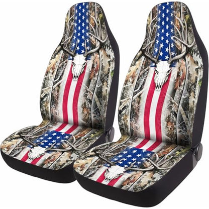GENANY Hunting Car Seat Covers Set of 2, Deer Skull Breathable Front Seat Covers for Truck Sedan SUV, American Flag Car Accessories, Hunting Gift for Women Men - color: Deer Skull