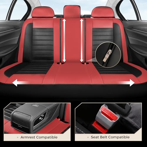 Coverado Car Seat Covers Full Set, Luxury Leather Car Seat Covers, Automotive Front and Rear Mesh Seat Covers, Full Set 5 Seats, Black Red Seat Covers for SUV Sedan Truck - color: Red&Black, size: FullSet