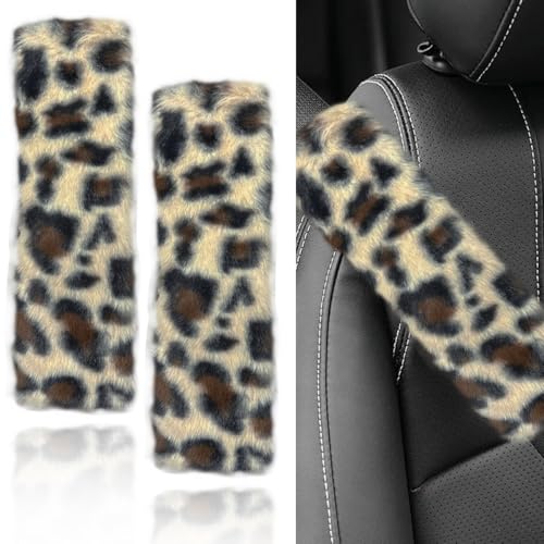 2PCS Leopard Print Car Seat Belt Cover, Plush Warm Car Seat Shoulder Strap Pad, Fluffy Soft Auto Seatbelt Protector, Vehicle Interior Comfortable Driving Accessories for Truck, SUV (Beige) - color: Beige