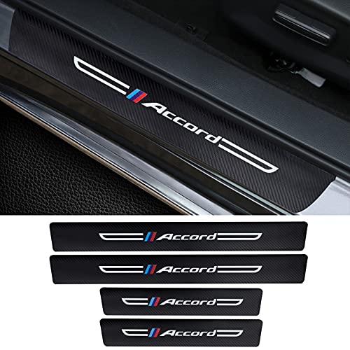 4PCS Carbon Fiber & Textured Leather Car Door Sill Protectors, Compatible with Accord, Black, Vehicle Specific Fit, Screw-In, Front & Rear Lower Door Threshold Guards
