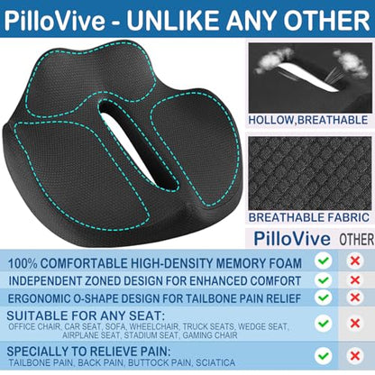 Ergonomic Seat Cushion for Office Chair &Car-Advanced Memory Foam Coccyx Pillow for Tailbone,Sciatica &Lower Back Pain Relief-Non-Slip Desk Chair Pad for Long Sitting,Posture Support-Black