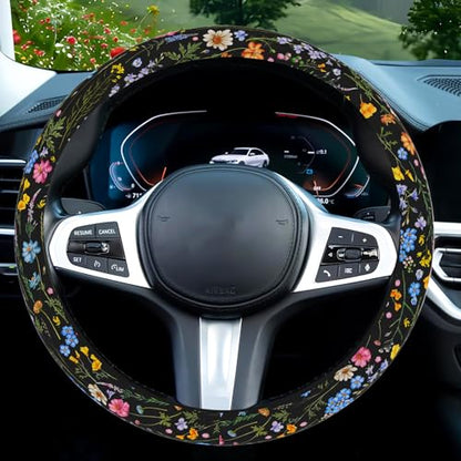 Wildflower Car Steering Wheel Cover, Flower Car Accessory for Diverse Cars, Cute Floral Print Steering Wheel Cover Protector for Women, for Steering Wheel with a Diameter of 14.5"-15" (Wildflower)