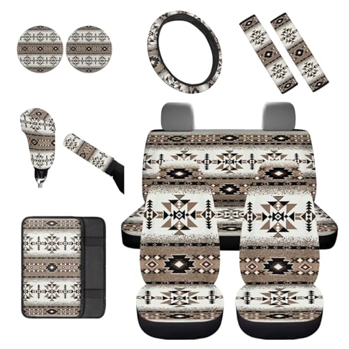 Dreaweet Tribal Car Seat Covers Full Set Geometric Pattern Car Decor Universal Car Seat Covers with Steering Wheel Cover/Armrest Cover/Seat Belt Pads/Coasters/Gear Shift & Handbrake Cover,12 Pcs Set - color: Geometric Pattern