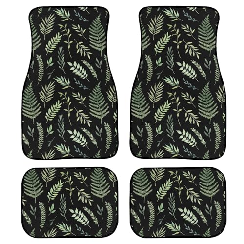 Tropical Plants Car Floor Mats Summer Botanical Background with Green Leaves Branches and Herbs Black Floor Mats for Cars Universal Vehicle Front Rear Foot Carpet Rugs for Trucks SUV Sedans