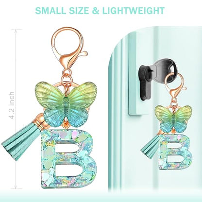 JINGUAZI Initial letter Keychains for Women Tassel Butterfly Pink Purple Cute Car Keychain for Wallet Backpack bag charm - color: B-green