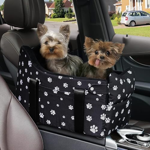 Dog Car Seat for Console - Memory Foam Pet Booster Seat for Small Medium Dogs Up to 21 lbs - SUV Truck Center Console Dog Seat with Safety Leash & Storage Pockets - Washable Cover (Large Black)