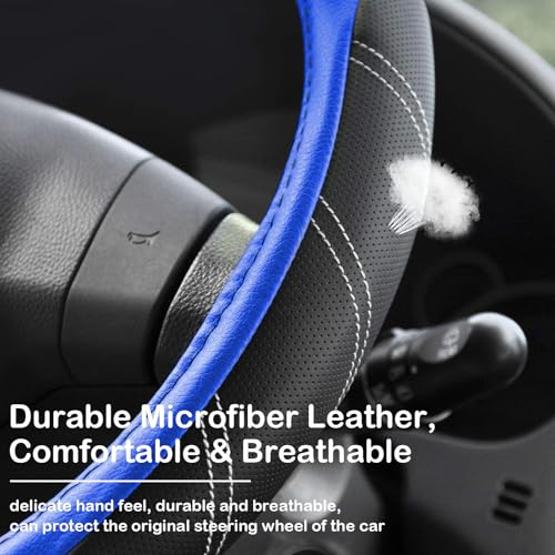 Black and Blue Line Punching Car Steering Wheel Cover, Microfiber Leather Sports, 14.5-15 in Universal Leather Wheel Covers, Breathable Fashion Anti-Slip, Steering Wheels Accessories for Men Women - color: Line Punching-Black and Blue
