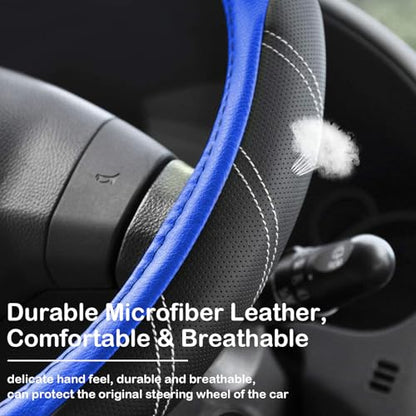 Black and Blue Line Punching Car Steering Wheel Cover, Microfiber Leather Sports, 14.5-15 in Universal Leather Wheel Covers, Breathable Fashion Anti-Slip, Steering Wheels Accessories for Men Women - color: Line Punching-Black and Blue