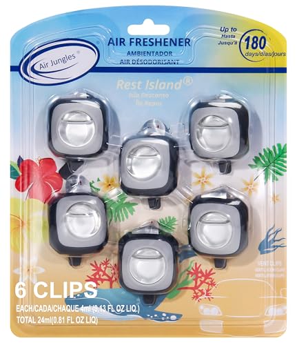 Air Jungles Rest Island Scent Car Air Freshener Clip, 6 Vent Clips, 4ml Each, Long Lasting Air Freshener, Up to 180 Days Car Refresher Odor Eliminator - color: Rest Island, size: 6 Count (Pack of 1)