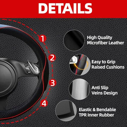 NBTEPEM 6 PCS Car Steering Wheel Cover Set, Microfiber Leather Steering Wheel Covers Universal 14.5-15 inch, Center Console Cover, Seat Belt Cushion, Cup Holder Coaster, Car Accessories Set Red - color: Black with red, size: Steering Wheel Cover Set