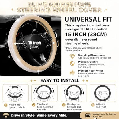 Bling Rhinestone Car Steering Wheel Cover for Women,PU Leather Crystal Diamonds Crown Steering Wheel Covers Non-Slip Universal 15"/38 cm (Beige) - color: beige
