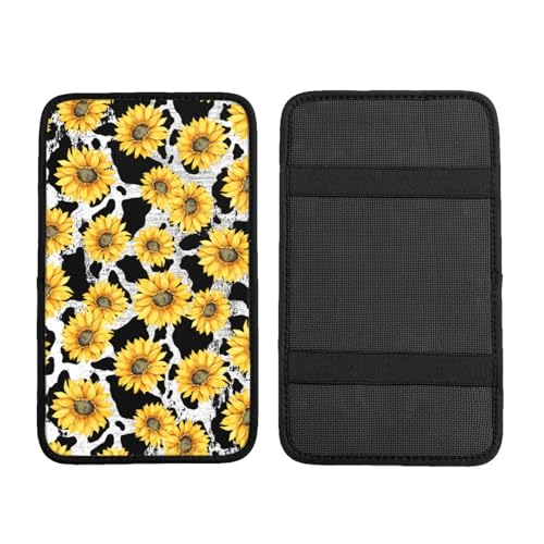 Universal Car Center Console Cushion Pad, Cow Print Sunflower Soft Waterproof Car Center Console Cover Auto Armrest Seat Box Cover Protector for Most Vehicle SUV Truck Car - color: Cow Print Sunflower