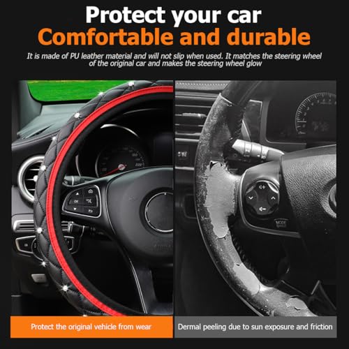 Bling Car Steering Wheel Cover, Non-Slip Elastic Stretch Leather Auto Steering Wheel Protector, Sparkling Diamond Vehicle Decor Accessories for Women Girls, Universal for Vehicles (Red)