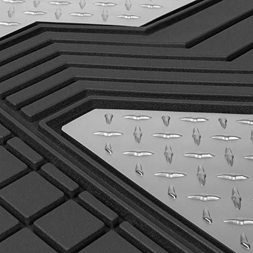 BDK Cat® Heavy Duty Rubber Floor Mats for Car SUV Truck & Van-All Weather Protection, Front & Rear with Heelpad & Anti-Slip Nibs Backing, Universal Trim-to-Fit - color: Black/Chrome, style: DiamondShield Metallic