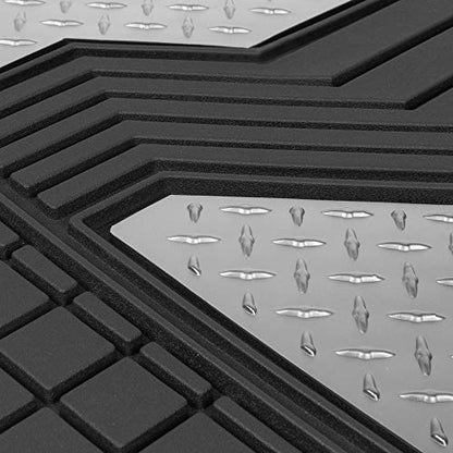 BDK Cat® Heavy Duty Rubber Floor Mats for Car SUV Truck & Van-All Weather Protection, Front & Rear with Heelpad & Anti-Slip Nibs Backing, Universal Trim-to-Fit - color: Black/Chrome, style: DiamondShield Metallic