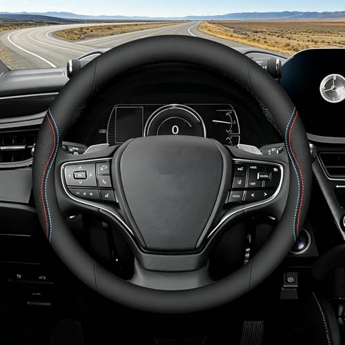 Steering Wheel Cover Universal Standard Size 14.5-15 inch, Breathable Microfiber Leather, Anti-Slip, Soft Grip, Sporty Design, Fits for Cars SUVs Trucks, Black with Red Blue Line - color: Black with Red Blue Line