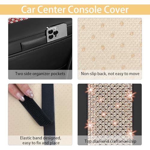 NBTEPEM Bling Car Armrest Cover, Universal Microfiber Leather Center Console Cover with 2 Pockets, Rhinestone Car Armrest Cushion, Bling Accessories Interior for Most Vehicles (Champagne Diamond) - color: Champagne Diamond