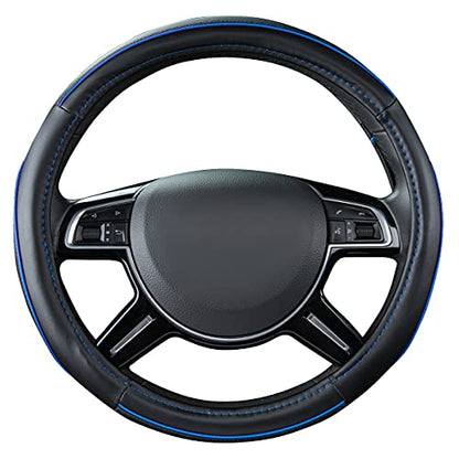 Car Pass Colour Piping Leather Universal Fit Steering Wheel Cover,Perfectly fit for 14.5-15 inches Suvs, Vans, Trucks, Sedans, Cars (Black&Blue) - color: Black and Blue